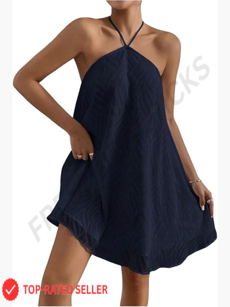 Halter Neck Backless Mini Dress Flowy Textured Summer Casual Beach Vacation